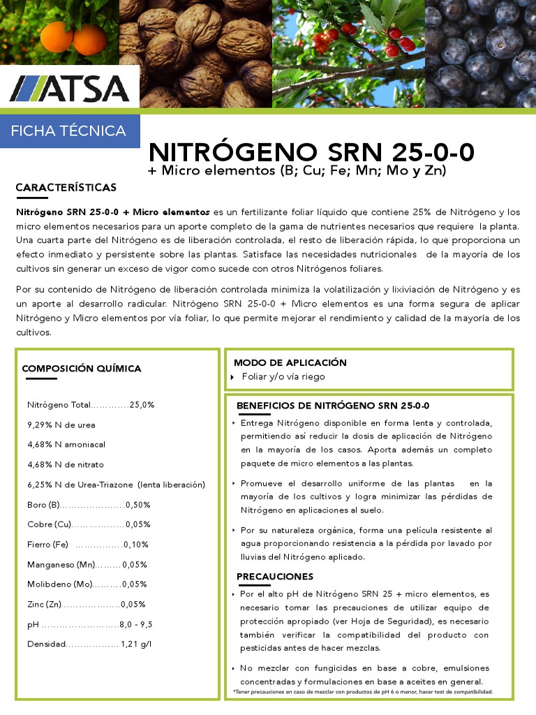 Ficha Técnica de Nitrógeno SRN 25-0-0 | PDF | Nitrógeno | Flores