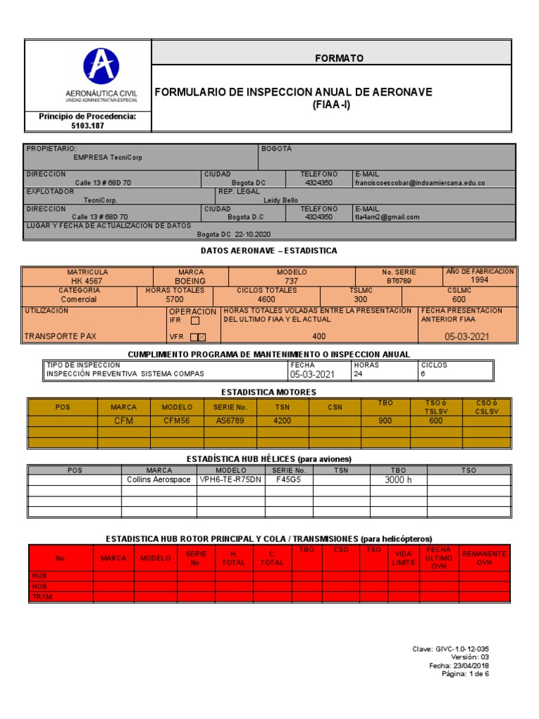 Formulario de Inspeccion Anual de Aeronave (FIAA-I) : Formato | PDF ...