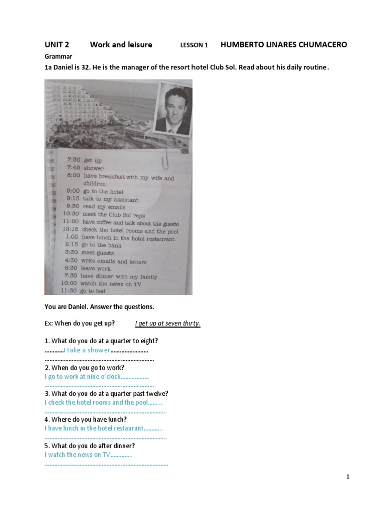Unit 2 Work and Leisure Humberto Linares Chumacero | PDF | Grammatical ...