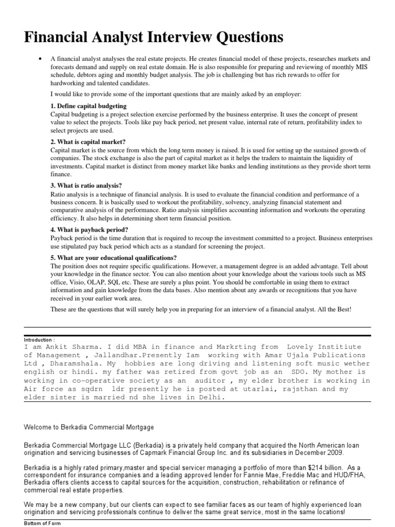 financial research analyst technical interview questions