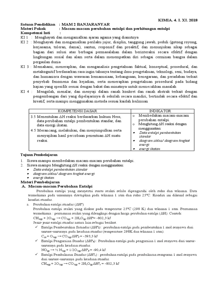 Macam Perubahan Entalpi dalam Kimia | PDF | Metode & Bahan Ajar | Sains ...