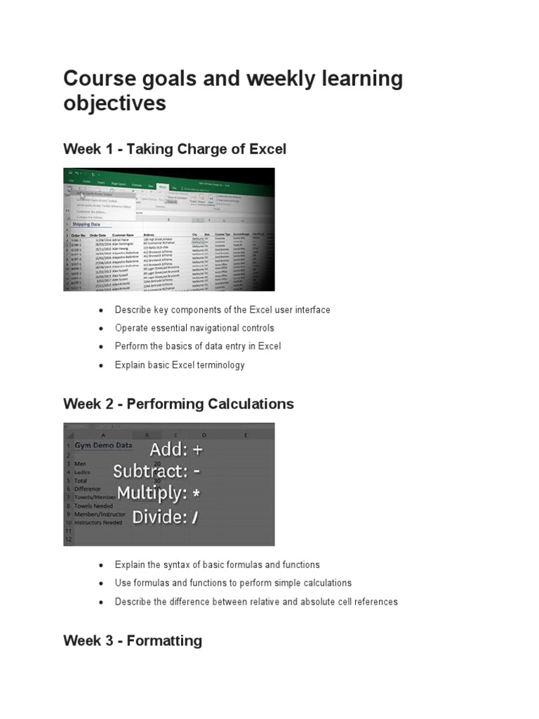 Excel Course: Weekly Learning Goals | PDF | Microsoft Excel | Spreadsheet