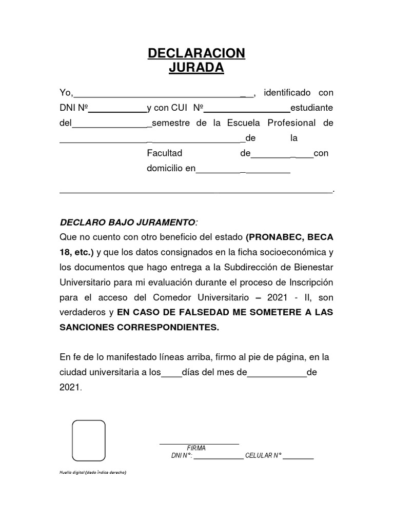 Declaracion Jurada de No Recibir Otros Beneficios Del Estado | PDF