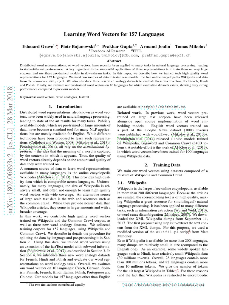 Learning Word Vectors For 157 Languages | PDF | Wikipedia | Human ...