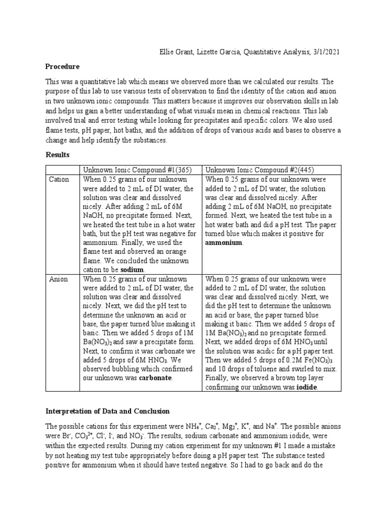 Grant Quantitative Analysis Lab PDF Ammonium Ion