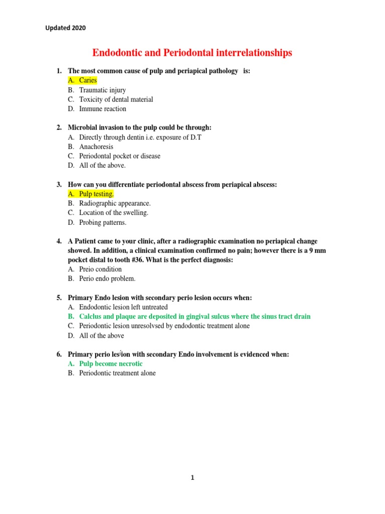 2020 Mcqs Endodontic and Periodontal Interrelationships PDF Periodontology Dentin