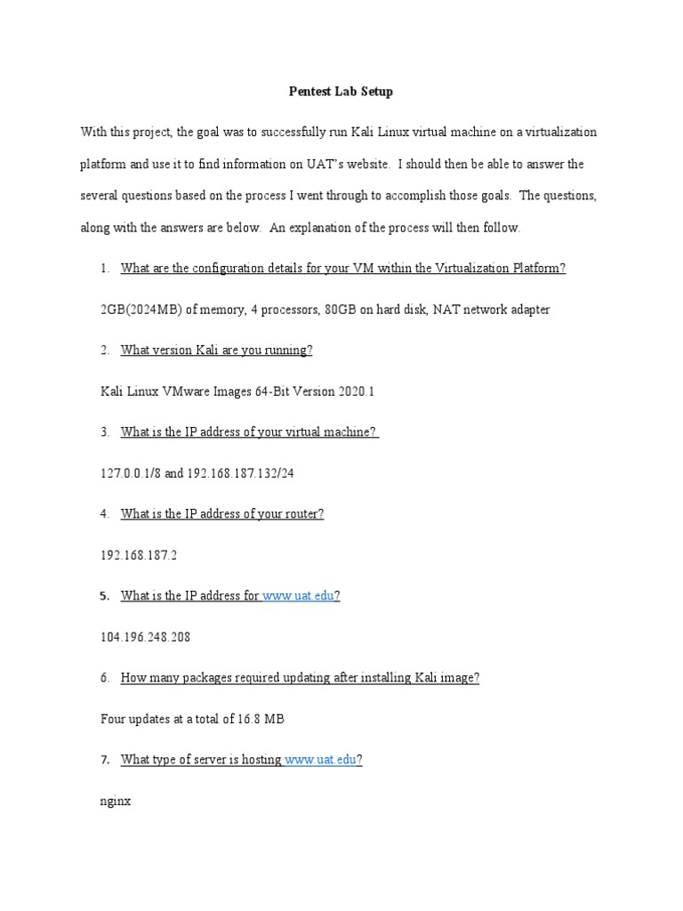 Pentest Lab Setup WWW Uat.edu PDF Virtualization Virtual Machine
