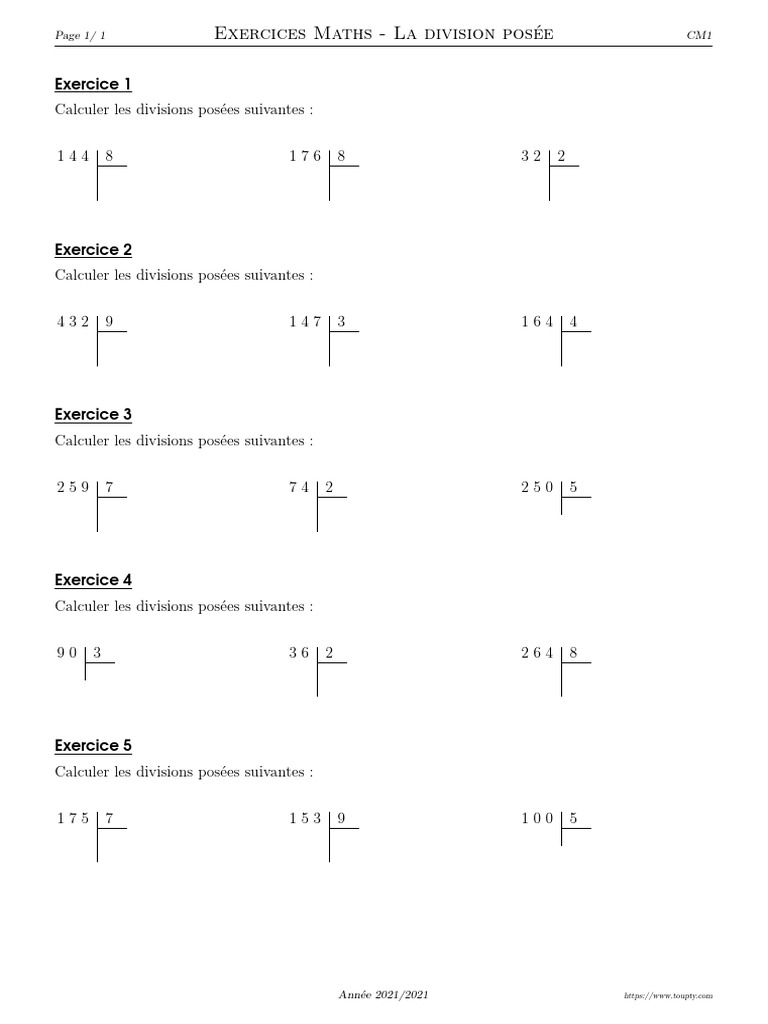 Exercices Division Cm1 à Imprimer Division Posee Cm1 1 Chiffre Sans Reste 1 | PDF