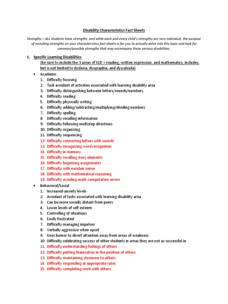 Characteristics of Disabilities Overview | PDF | Learning Disability ...