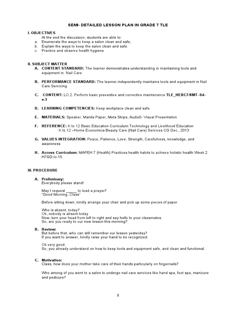 Semi-Detailed Lesson Plan in Grade 7 Tle | PDF | Hygiene | Curriculum