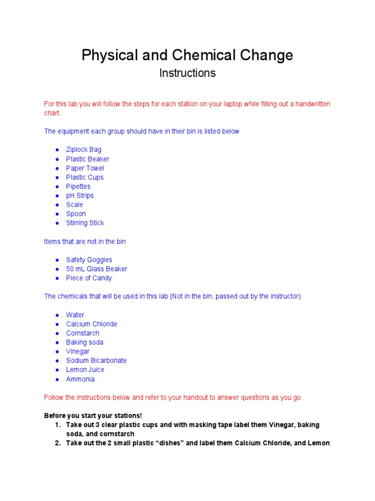 Instructions Physical and Chemical Change Lab | PDF | Sodium Carbonate ...
