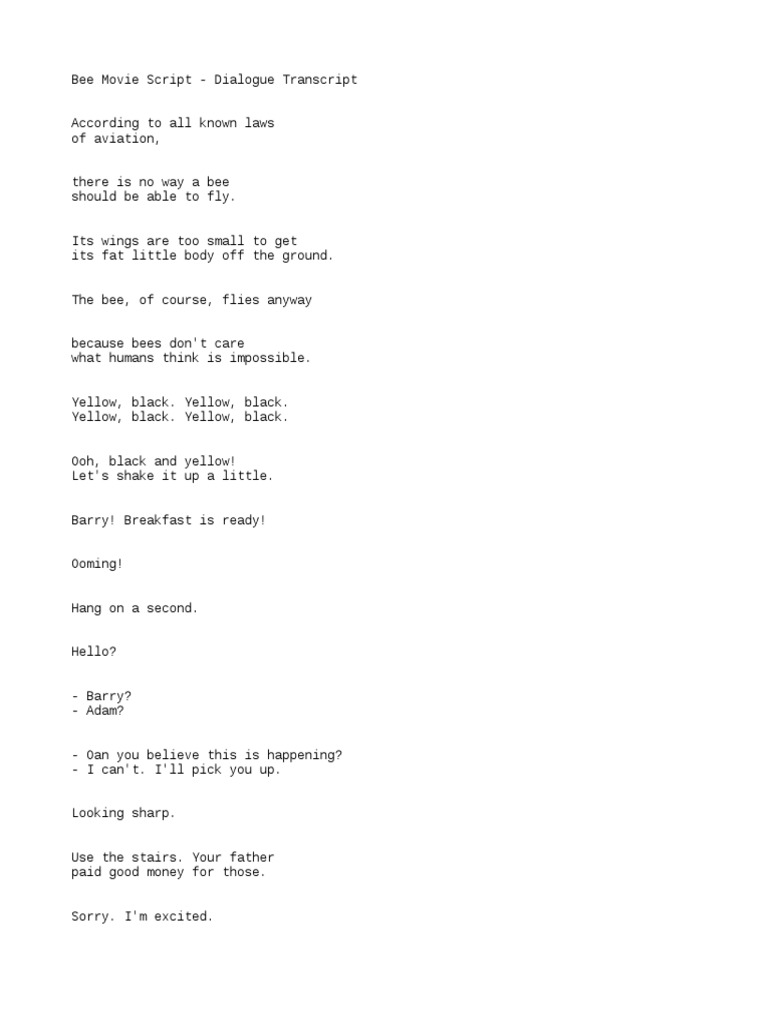 The Entire Bee Movie Script Part 1 Pdf Bees Nature
