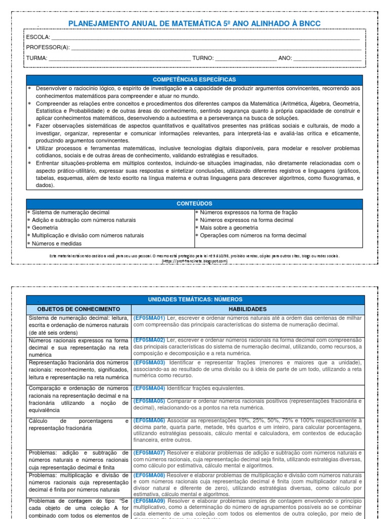 Planejamento Anual Matemática 5º Ano BNCC | PDF | Número racional | Decimal