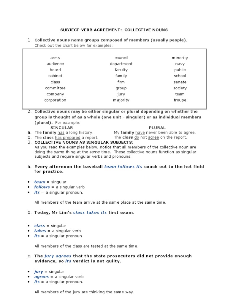 Collective Nouns Subject Verb Agreement Worksheets Pdf