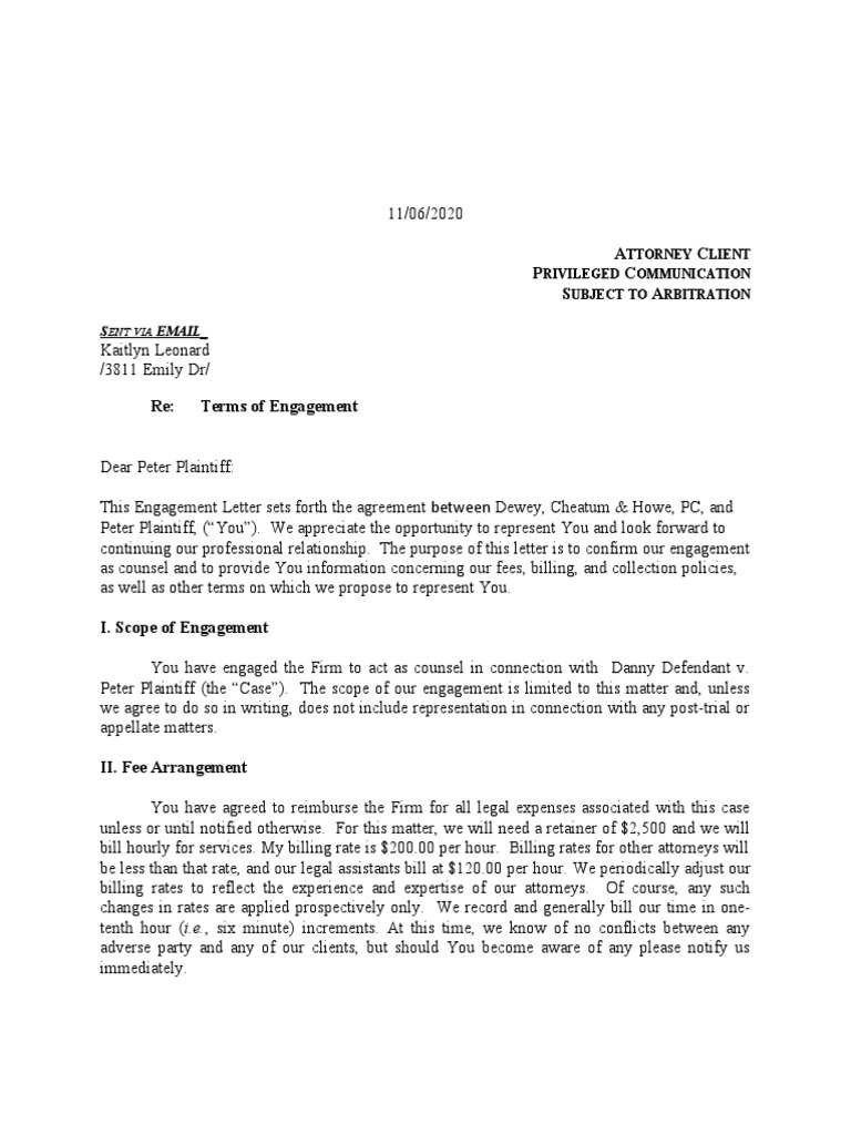 Client Engagement Letter PDF Lawyer Discovery (Law)