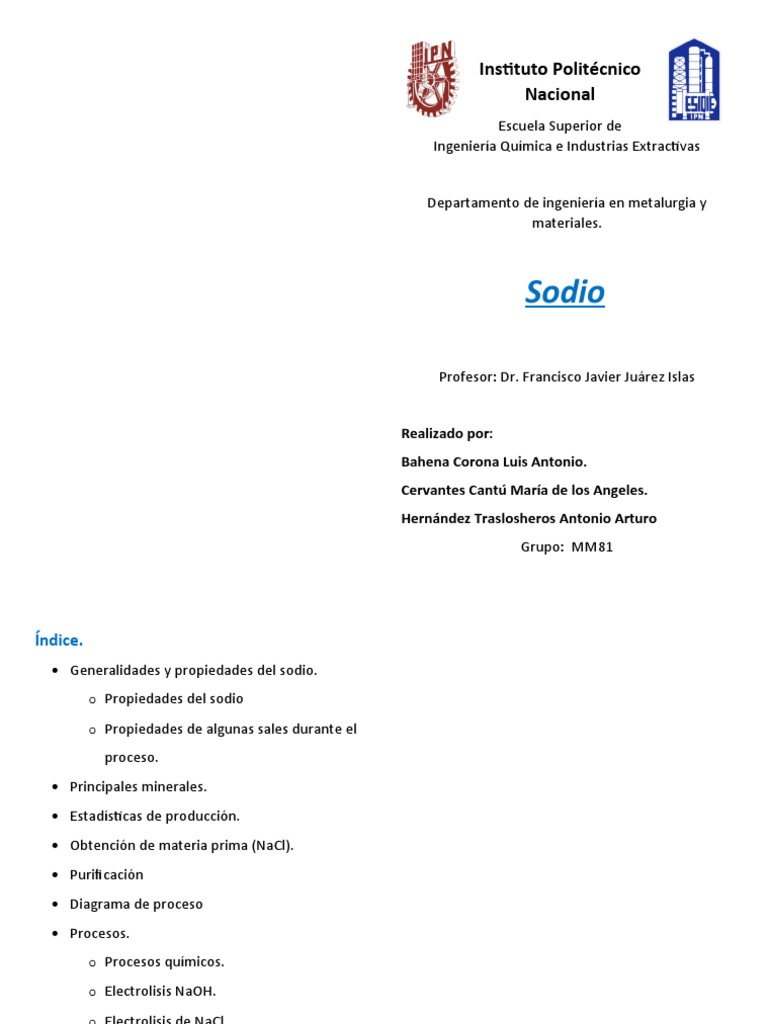 Propiedades y Procesos del Sodio | PDF | Cloro | Compuestos químicos
