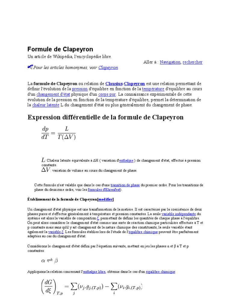 Formule et Diagramme de Clapeyron PDF Enthalpie de changement d — free download