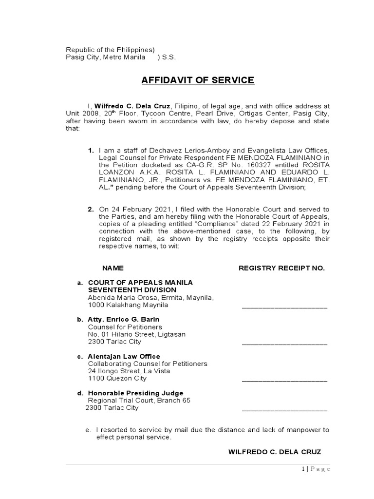 (Court of Appeals) Affidavit of Service PDF Affidavit Manila (Court of Appeals) Affidavit of Service PDF Affidavit Manila