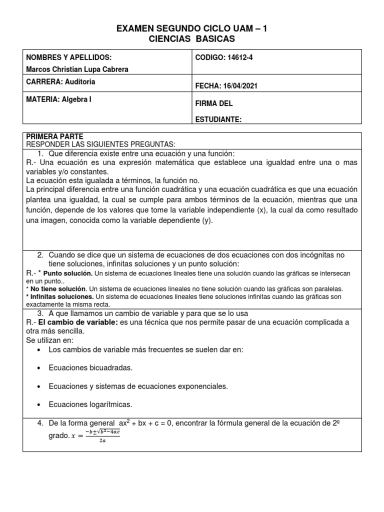 Examen Resuelto de Álgebra UAM | PDF | Ecuaciones | Variable (Matemáticas)