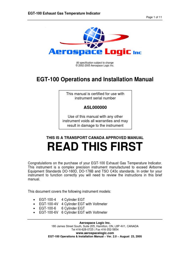 Read This First: EGT-100 Operations and Installation Manual | PDF ...