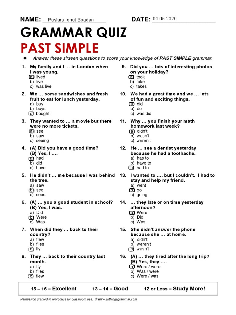 Grammar Quiz Past Simple Regular Verbs