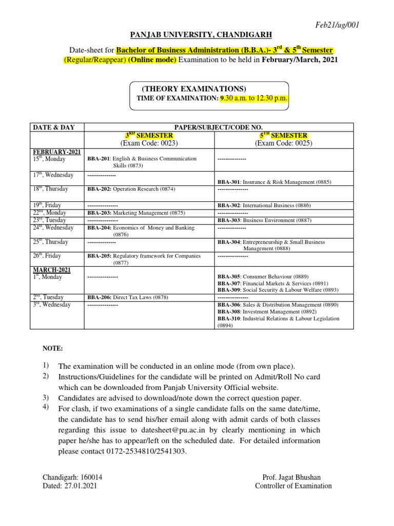 DateSheet For Bachelor of Business Administration (B.B.A.) 3 (Regular/Reappear) Mode