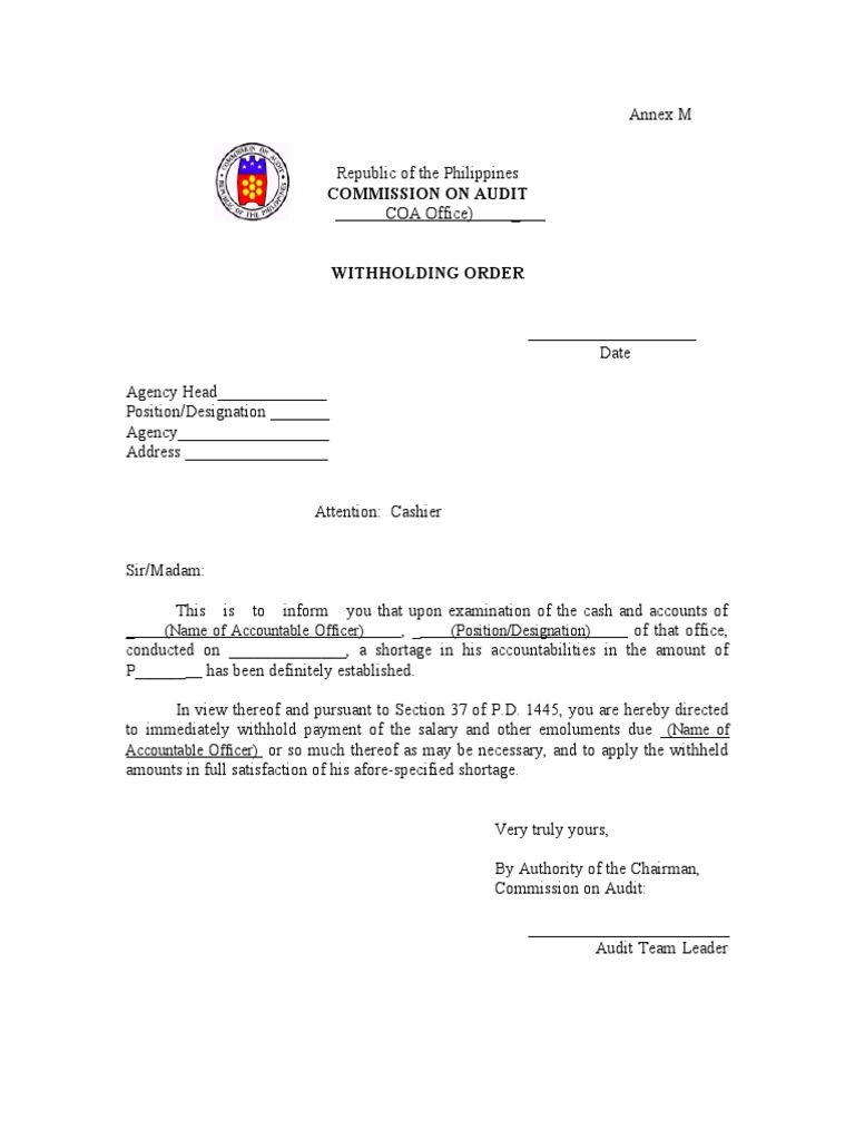 COA Withholding Order Template | PDF