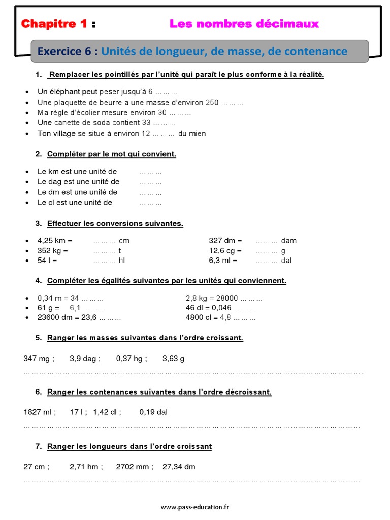 Exercice Conversion Cm1 à Imprimer Exercices Unites de Longueur de Masse de Contenance 6eme Primaire PDF | PDF