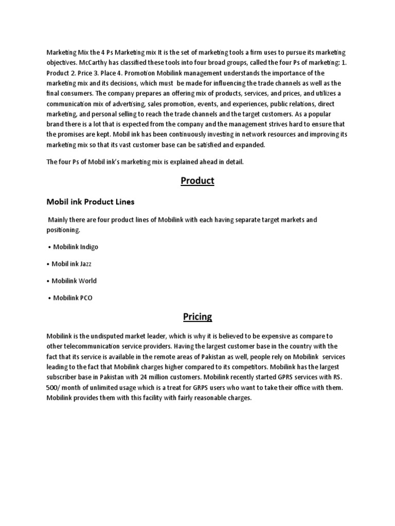 Mobilink's Marketing Mix: The 4 Ps Explained | PDF | Marketing | Pricing