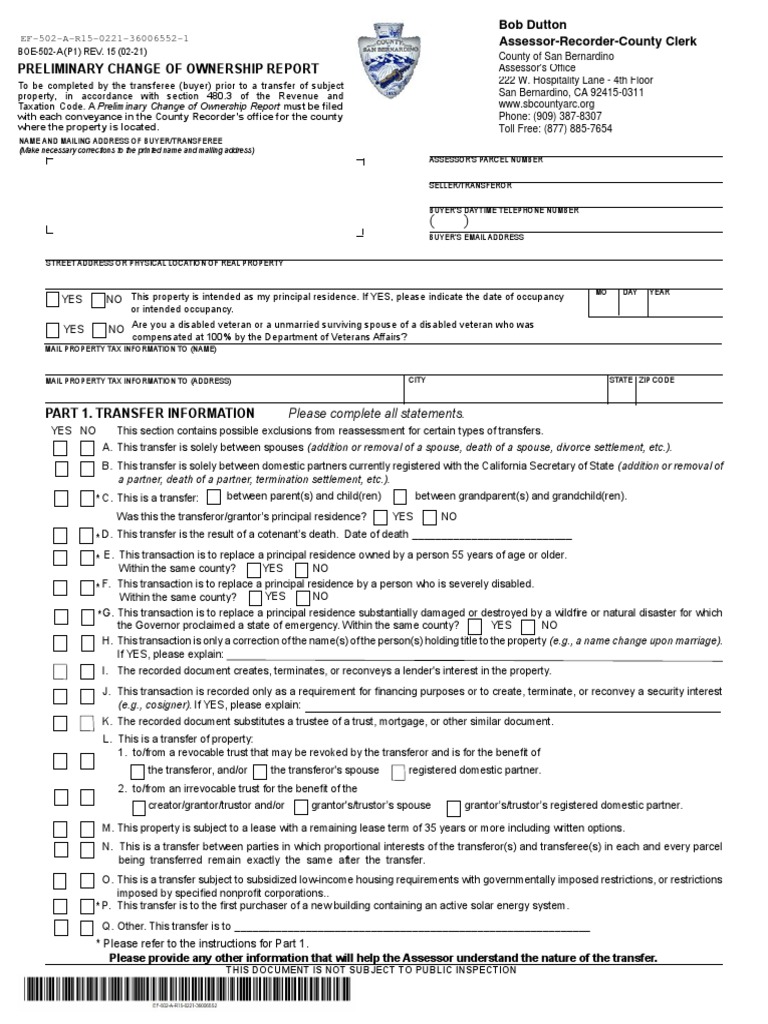 SAN - BERNARDINO County Form BOE-502-A For 2021 | PDF | Mortgage Loan ...