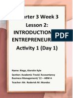 Quarter 3 Week 3 Lesson 2: Introduction To Entrepreneurship Activity 1 (Day 1)