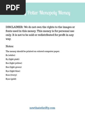 Harry Potter Monopoly Money
