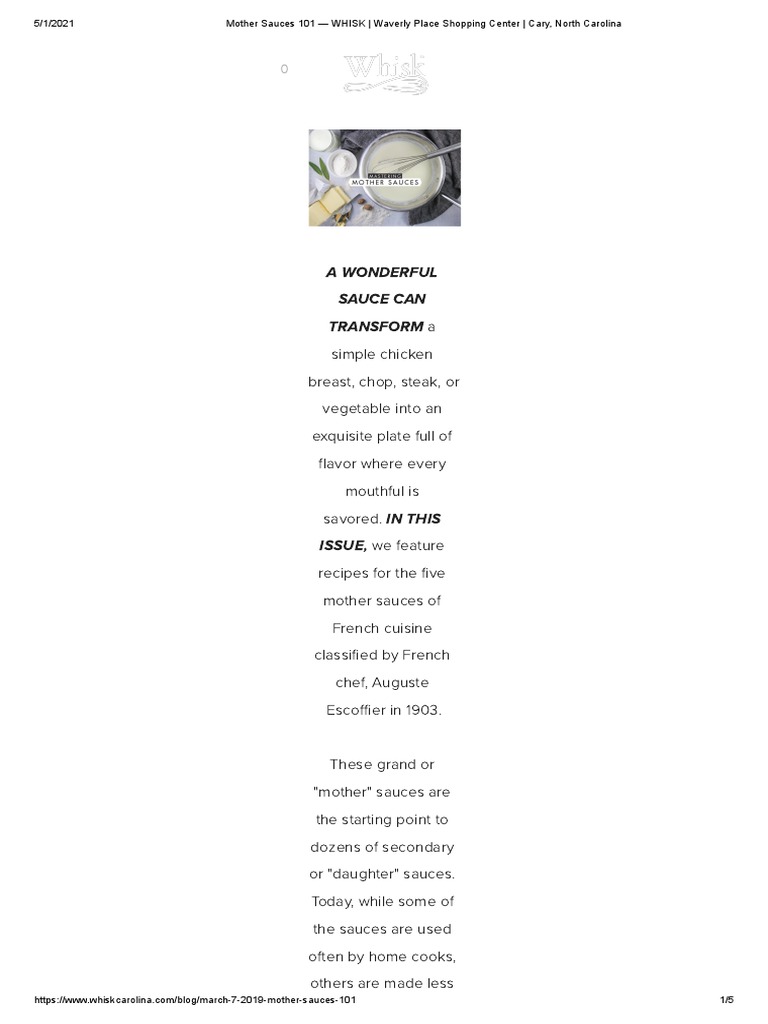 Mother Sauces 101 WHISK Waverly Place Shopping Center Cary, North Carolina PDF Sauce