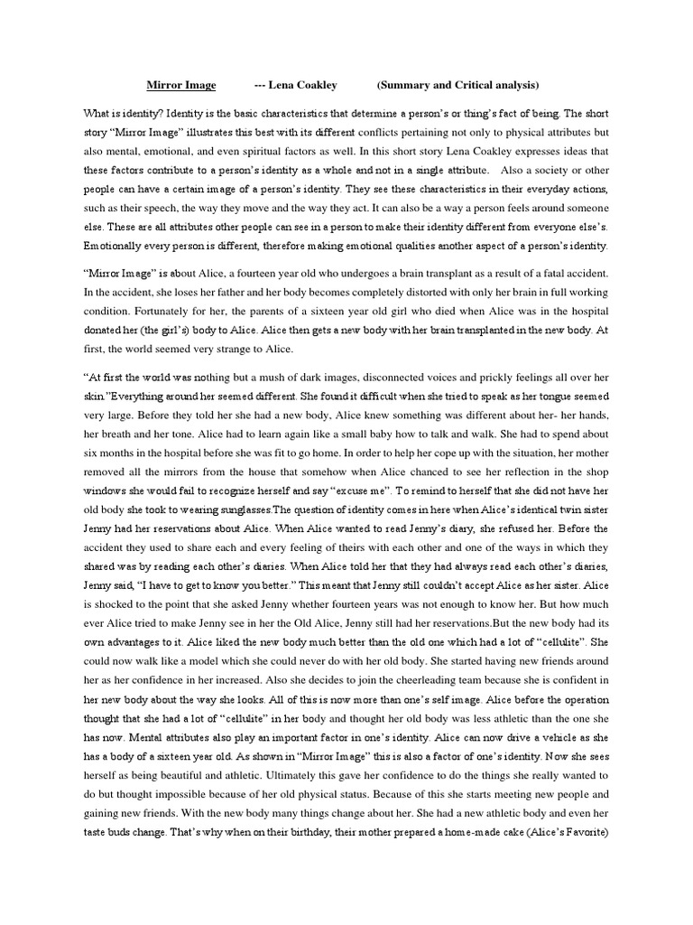 Mirror Image Lena Coakley (Summary and Critical Analysis) PDF Feeling Psychological Trauma