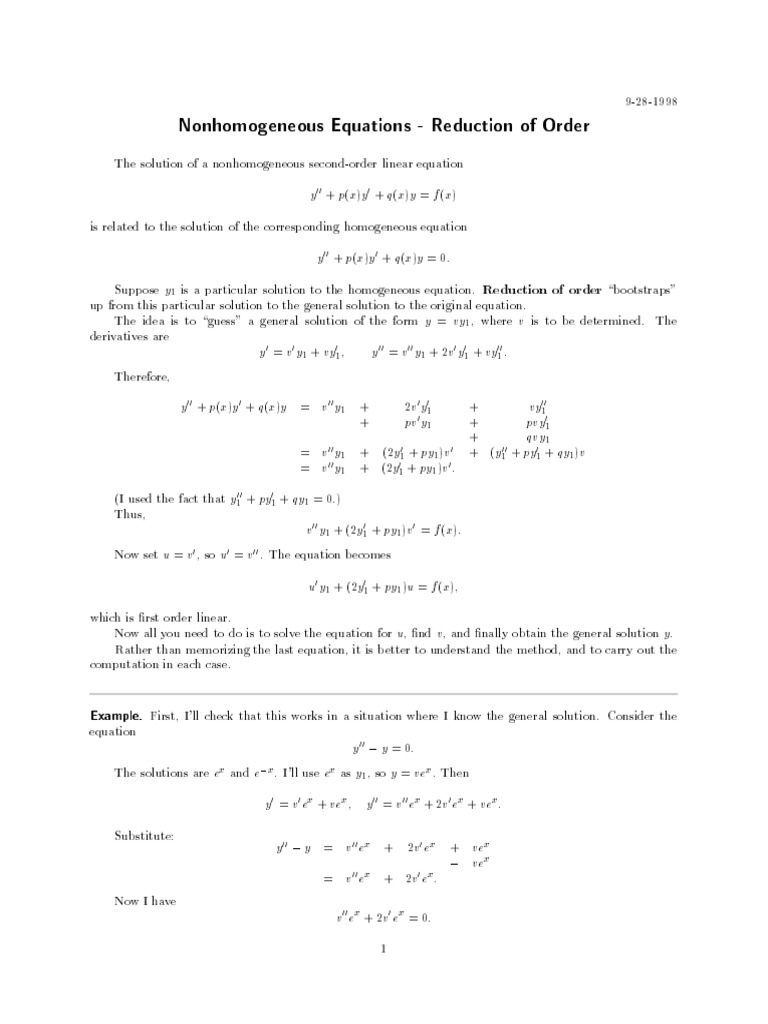 Nonhomogeneous Equations Reduction of Order Example PDF Ordinary