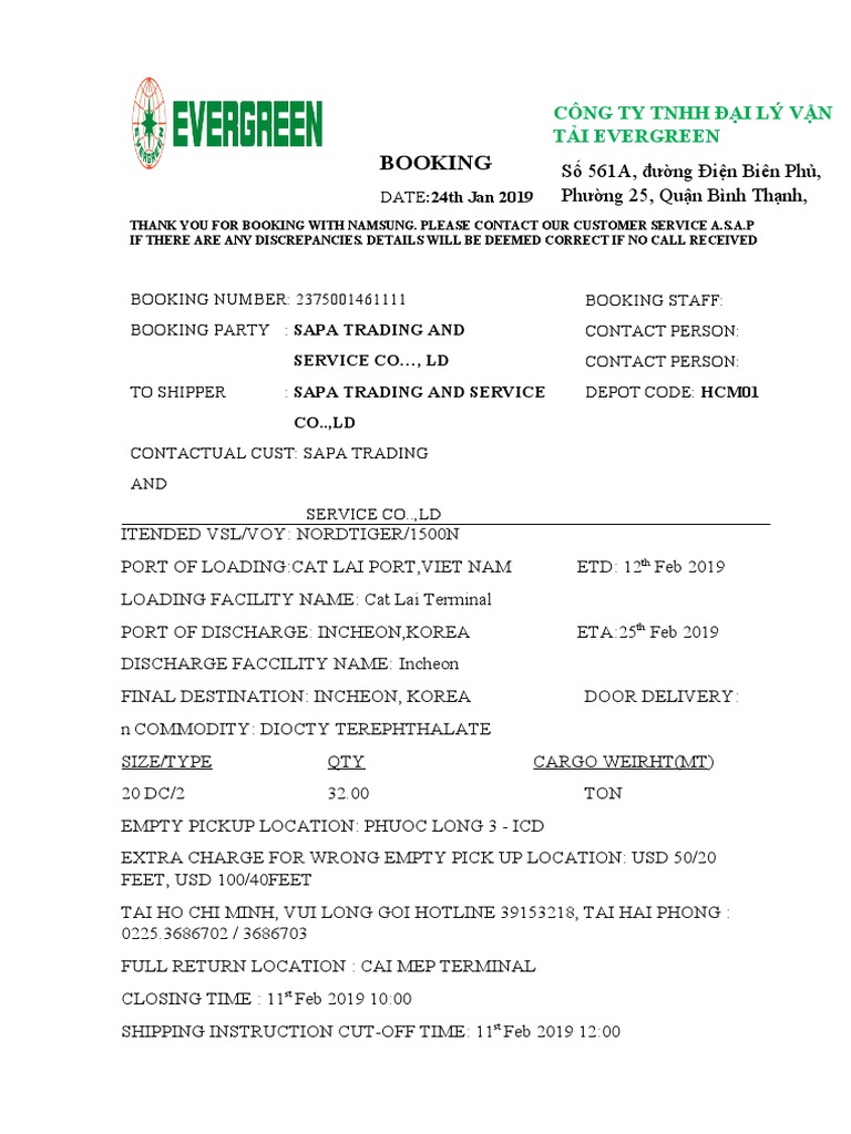 Evergreen Booking Confirmation Details | PDF