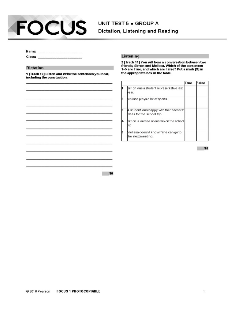 Unit Test 5 Group A Dictation, Listening and Reading | PDF