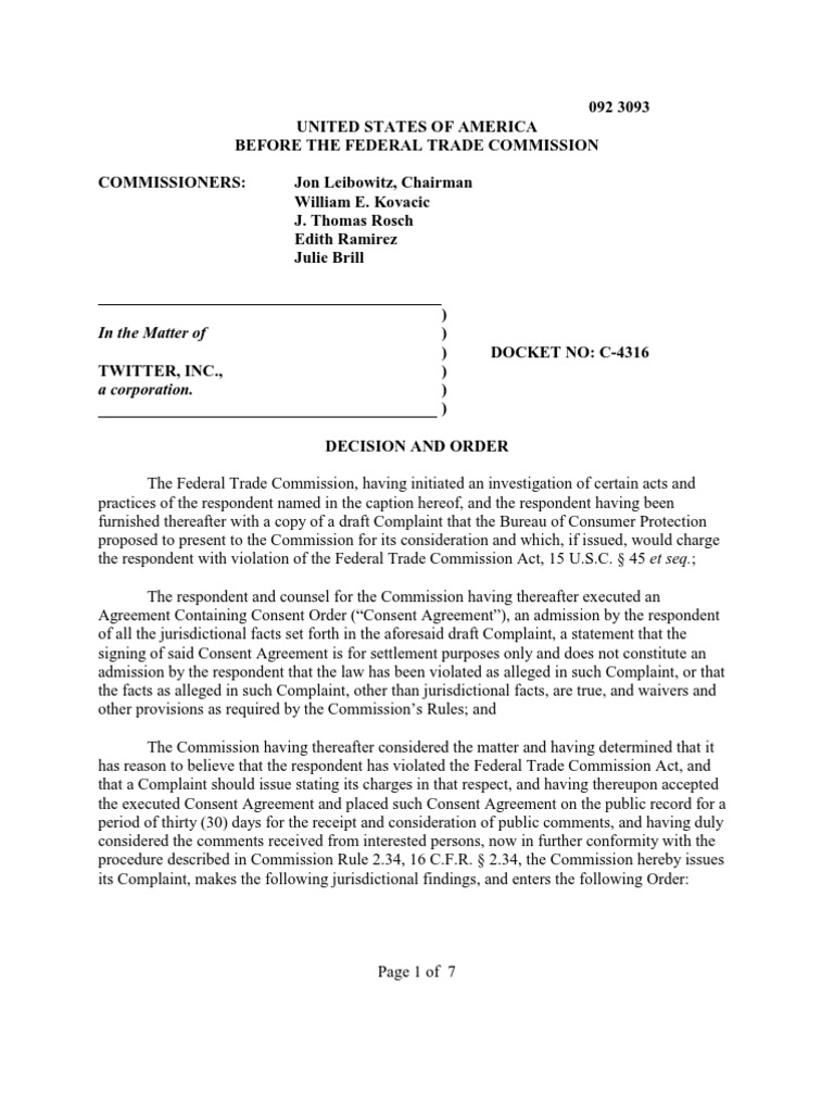 FTC Order on Twitter's Consumer Privacy | PDF | Federal Trade ...