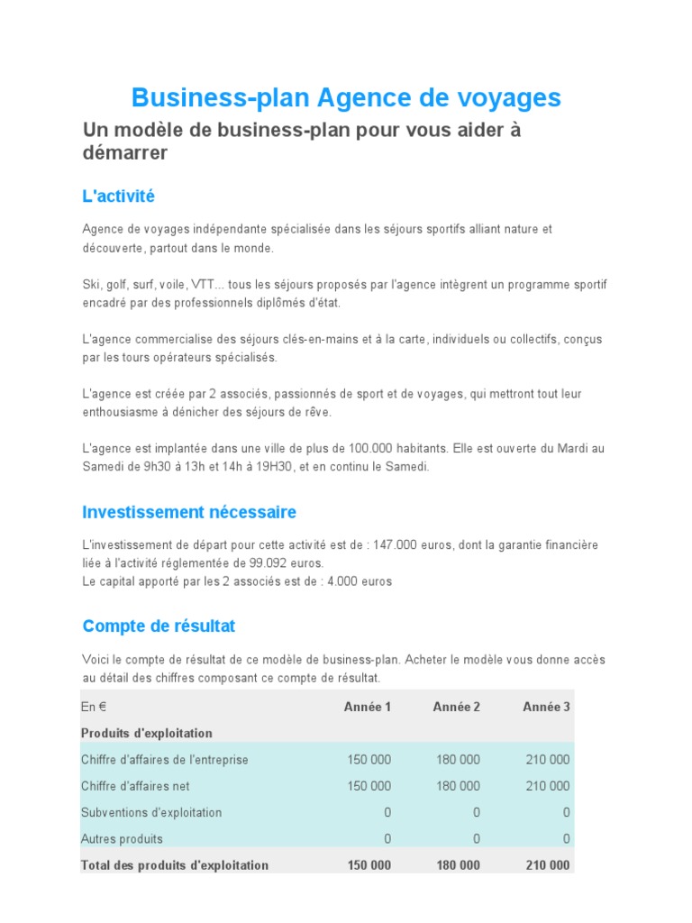 Business Plan Agence De Voyages Pdf Economie Finance General