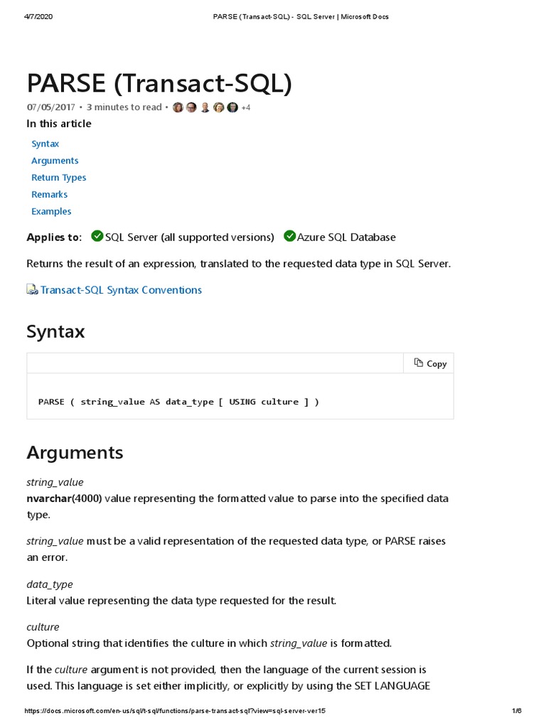 Lectura 1 - PARSE (Transact-SQL) - SQL Server - Microsoft Docs | PDF ...