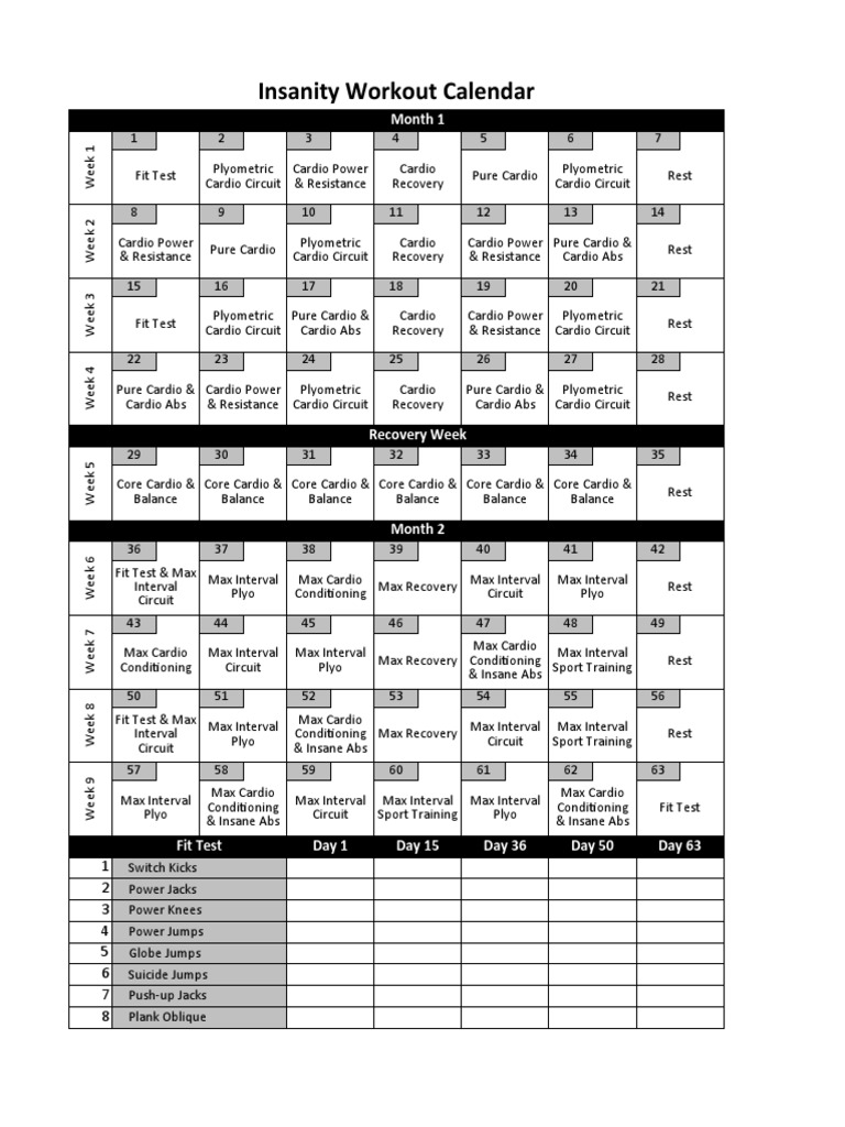 Insanity Workout Calendar: Month 1 | PDF | Individual Sports | Weight ...