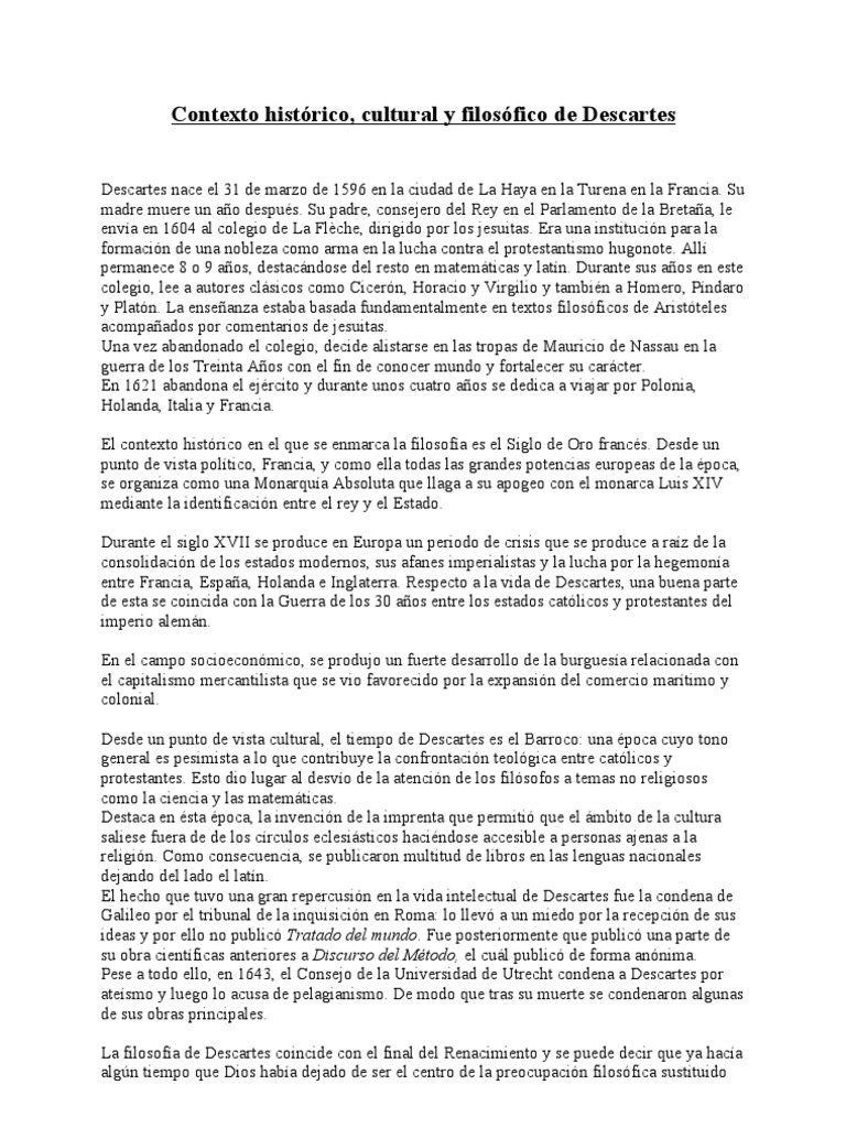 Contexto histórico de Descartes René Descartes Francia