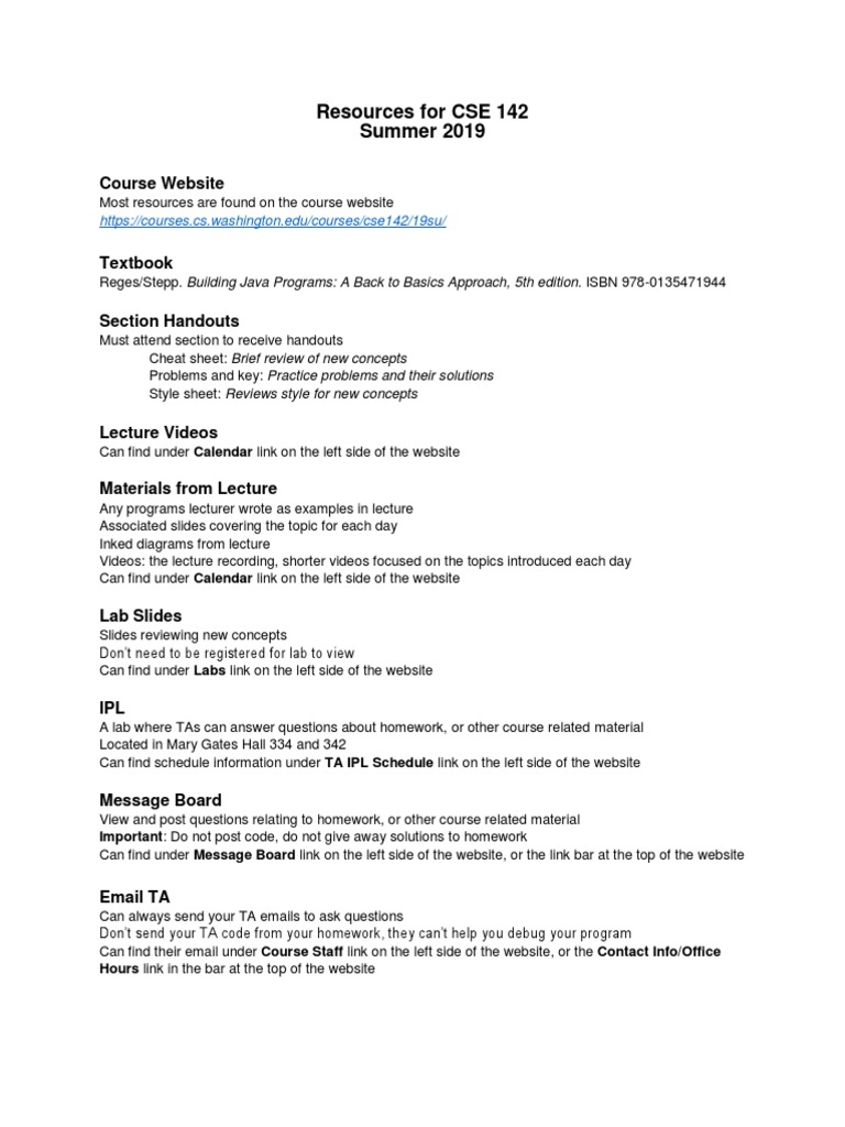 Resources For CSE 142 Summer 2019 Course Website PDF Faq Test