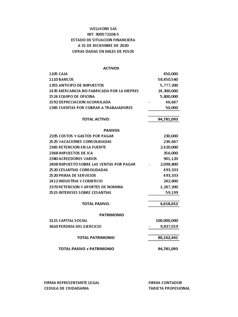 Estado Financiero de WELLKONS SAS 2020 | PDF | Finanzas y dinero ...