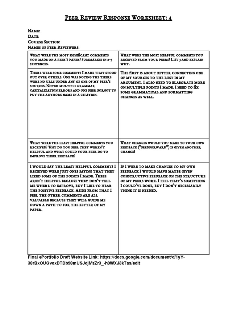 Peer Review Response Worksheet Guide | PDF