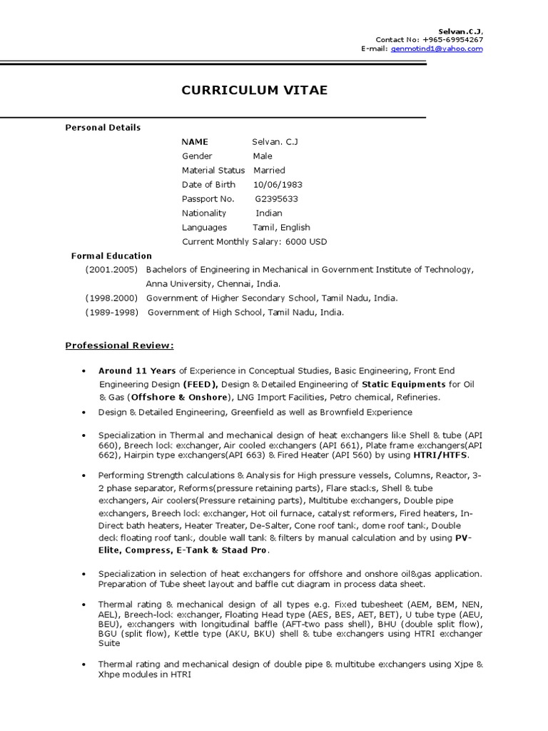 CV FOR STATIC EQUIPMENT DESIGN ENGINEER Heat Exchanger Pipe (Fluid