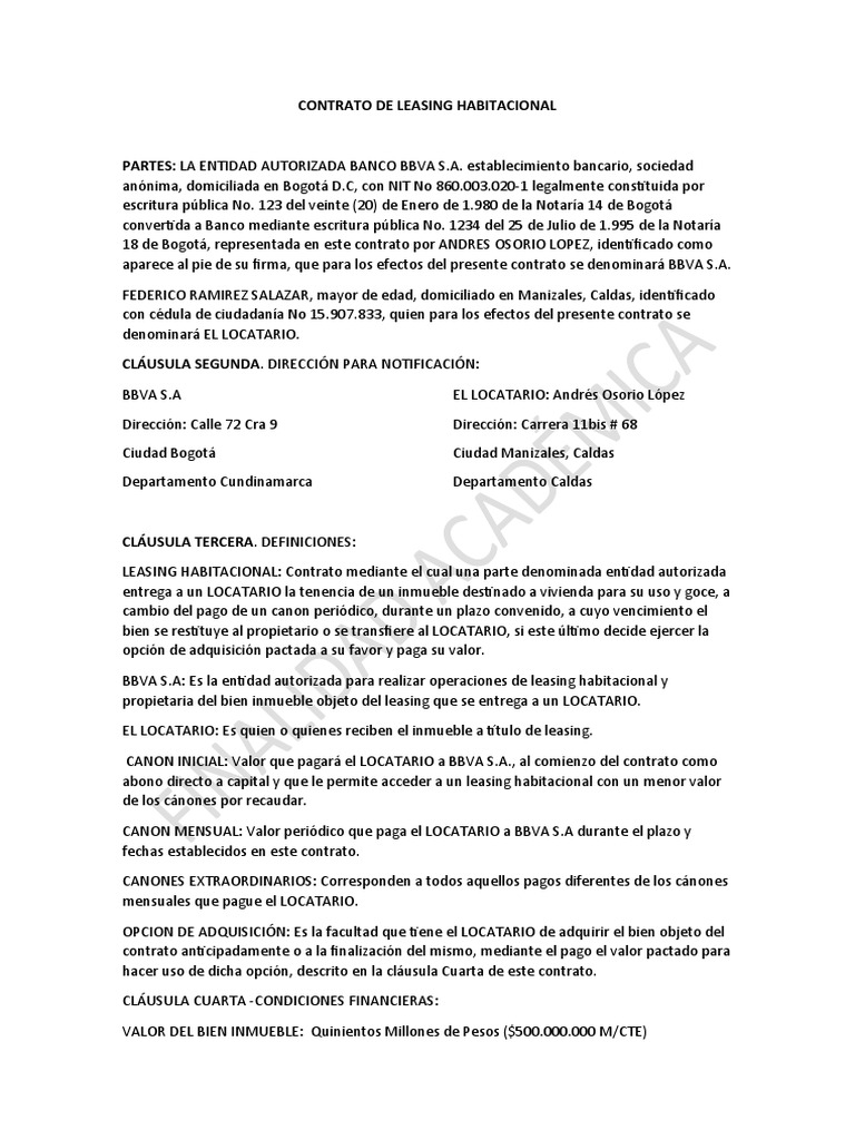 Contrato de Leasing Habitacional | PDF | Arrendamiento | Póliza de seguros