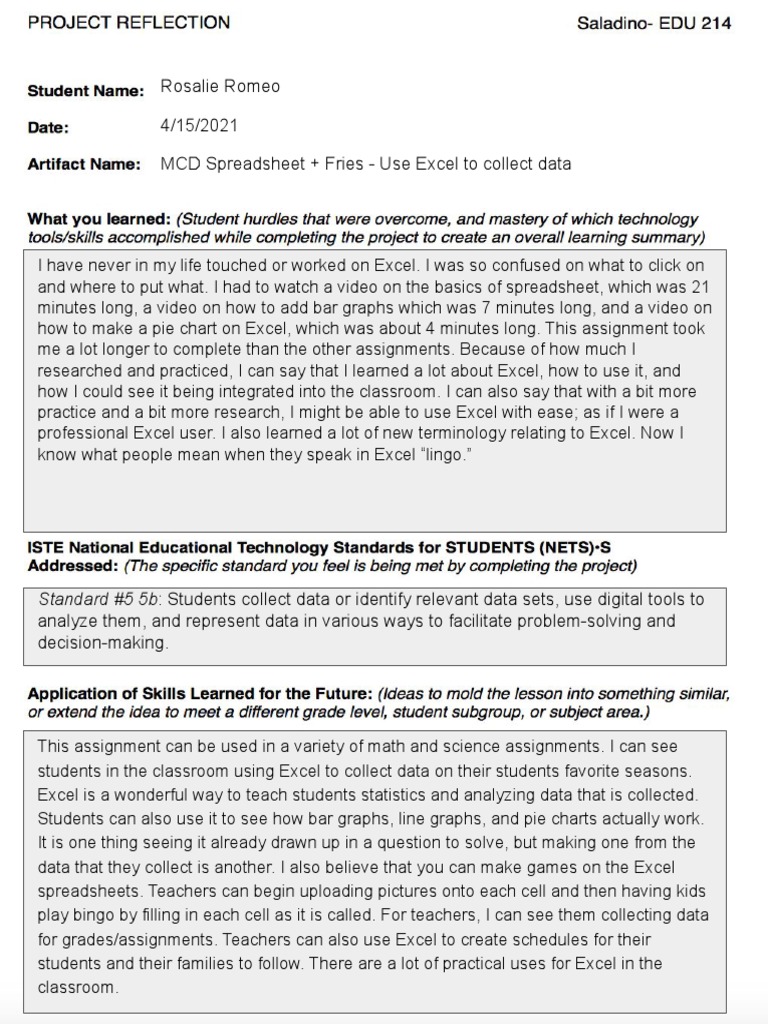 Edu 214 MCD Spreadsheet Reflection Template | PDF