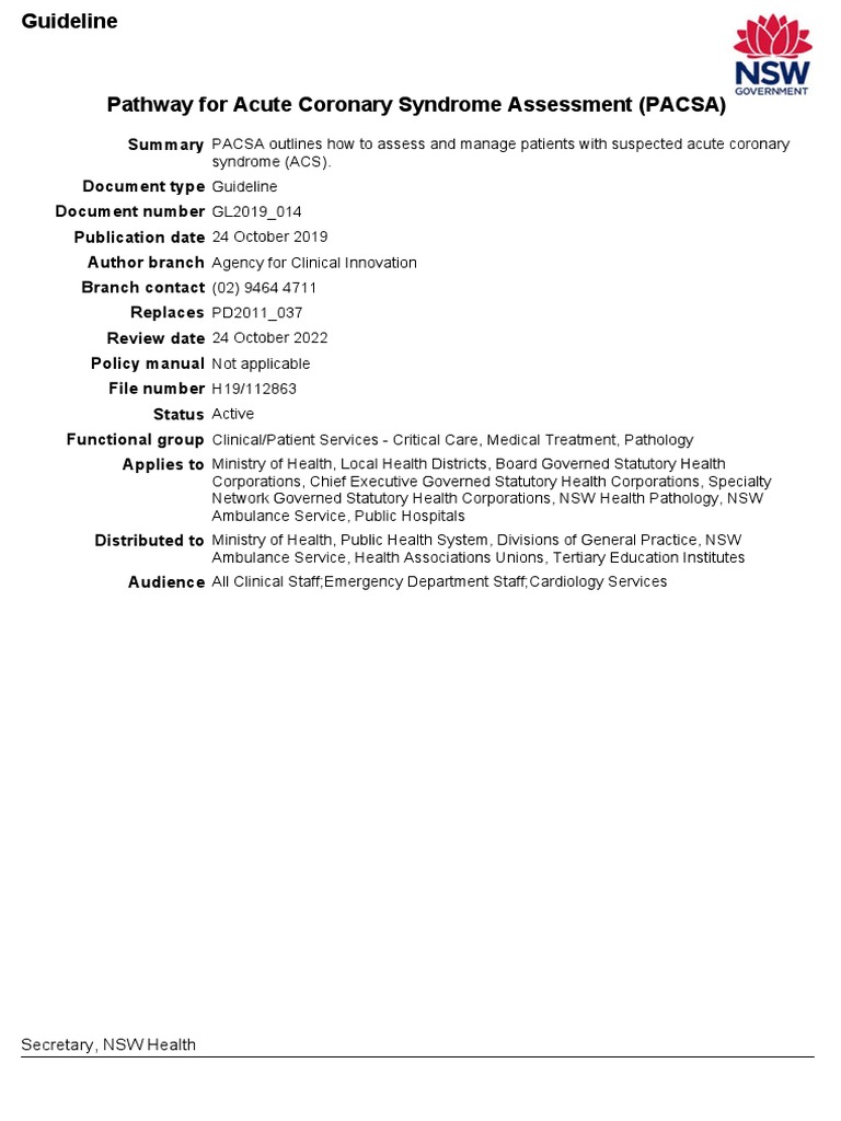 NSW Acute Coronary Stenosis (STEMI/NSTEMI) Protocol | PDF | Myocardial ...