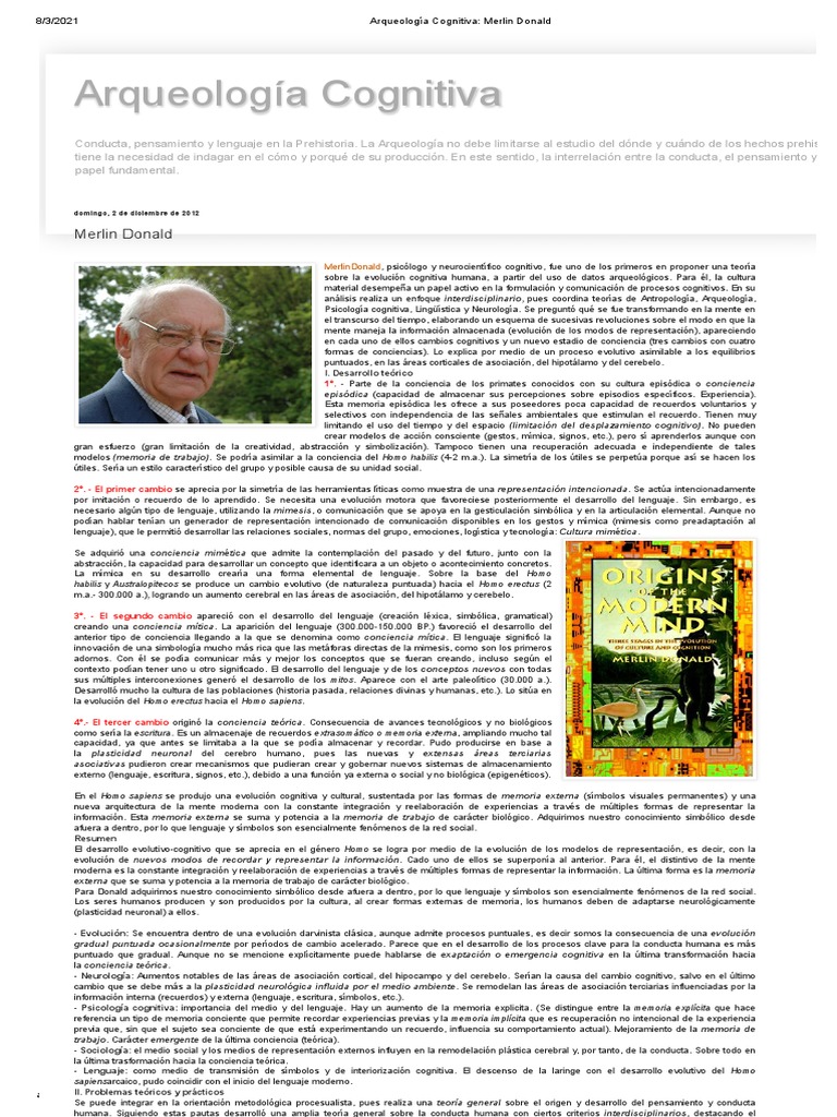 Arqueología Cognitiva - Merlin Donald | PDF | Memoria | Evolución